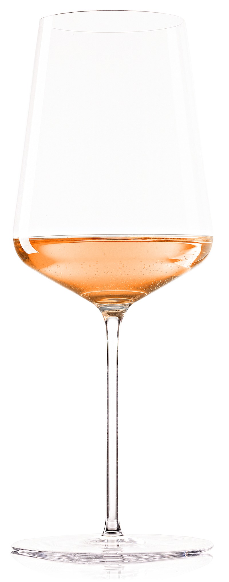 A glass of Napa Valley Rose in a stemmed wine glass against a white background.