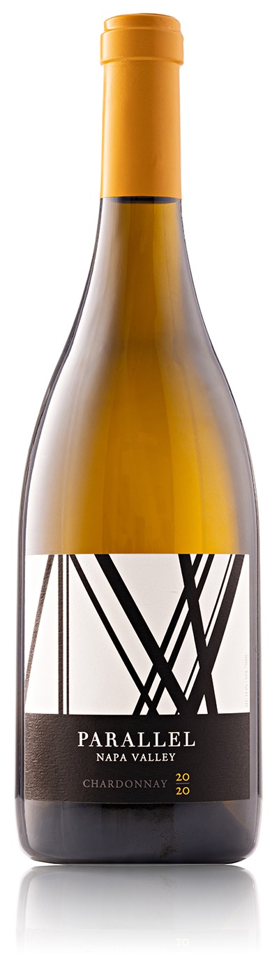 A clean bottle shot of of Parallel Winery Chardonnay against a clean white background with a reflection cast at the bottom. Shot in a Ryan's Alta Height's studio.